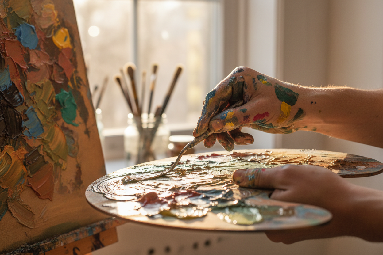 Detalhe de materiais de pintura no ateliê